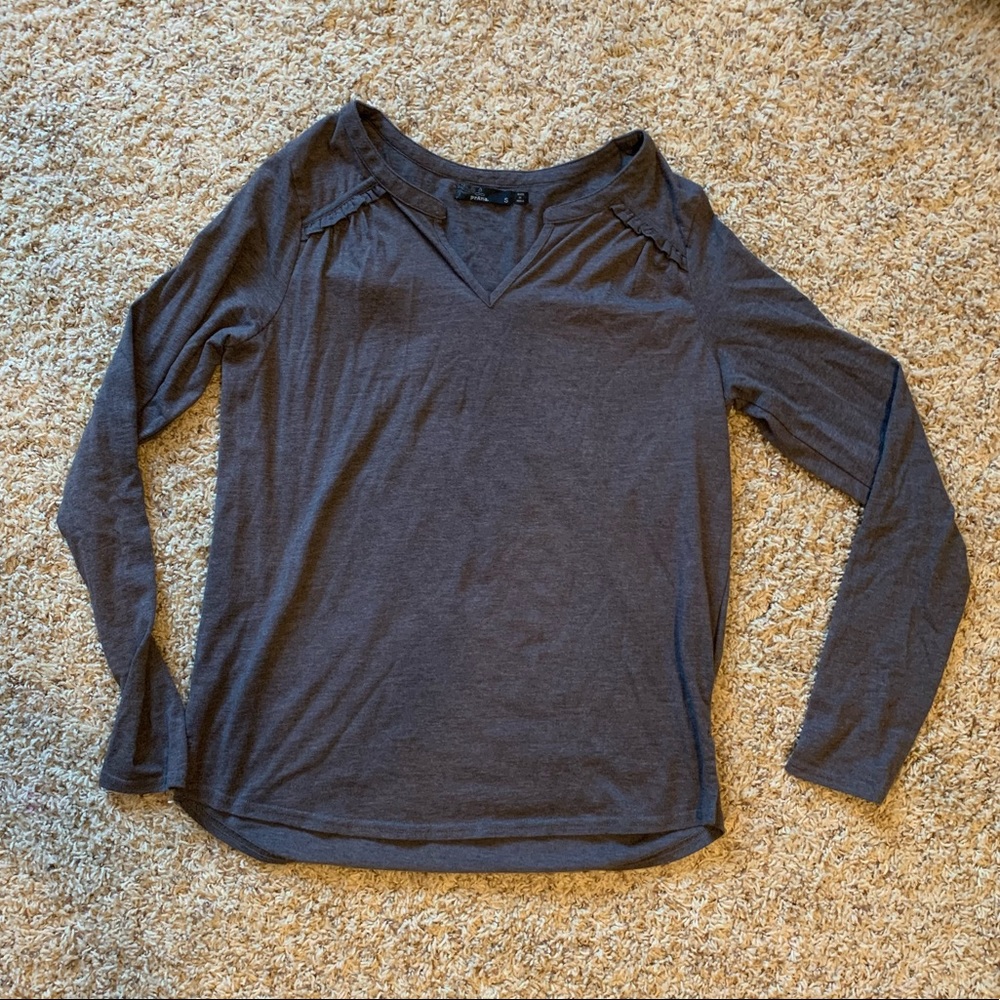 EUC Prana Grey Ruffle-Detail Long Sleeve Top. Size Small